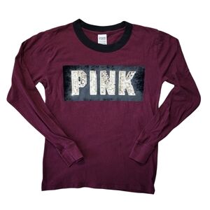 ​PINK XS Victoria's Secret Sequin Long Sleeve T-Shirt Maroon Black